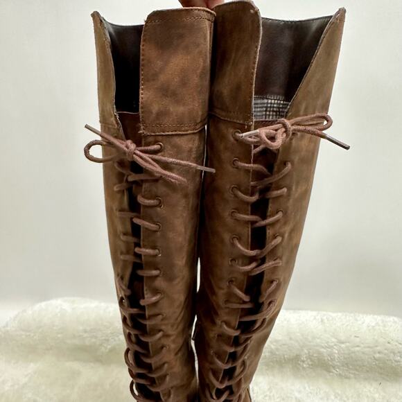 White Mountain Tall Over Knee Bonita Heeled Lace up High Boots Cognac Brown - Picture 3 of 15